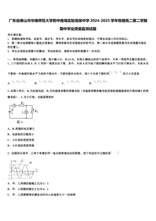 广东省佛山市华南师范大学附中南海实验高级中学2024-2025学年物理高二第二学期期中学业质量监测试题含解析