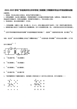 2024-2025学年广东省高州市大井中学高二物理第二学期期中学业水平测试模拟试题含解析
