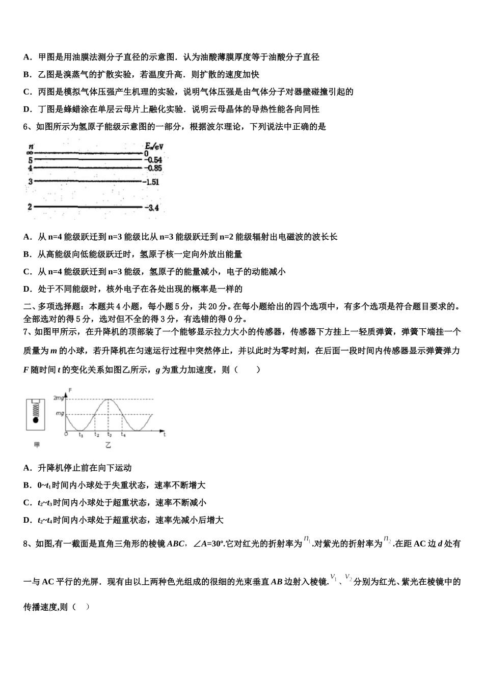 广东省惠州市惠阳高级中学2024-2025学年物理高二第二学期期中复习检测试题含解析_第2页