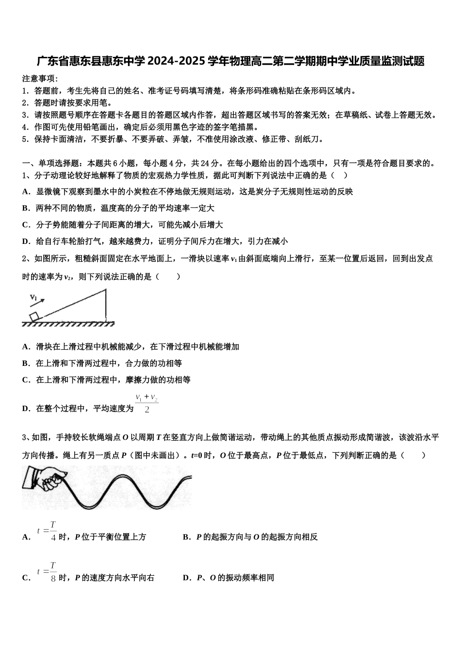广东省惠东县惠东中学2024-2025学年物理高二第二学期期中学业质量监测试题含解析_第1页