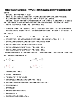 黑龙江省大庆市让胡路区第一中学2025届物理高二第二学期期中学业质量监测试题含解析