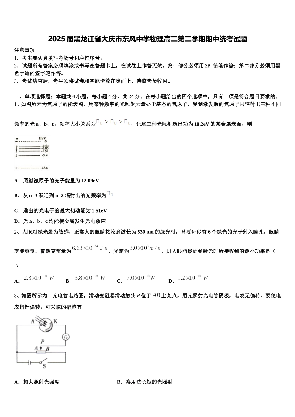 2025届黑龙江省大庆市东风中学物理高二第二学期期中统考试题含解析_第1页