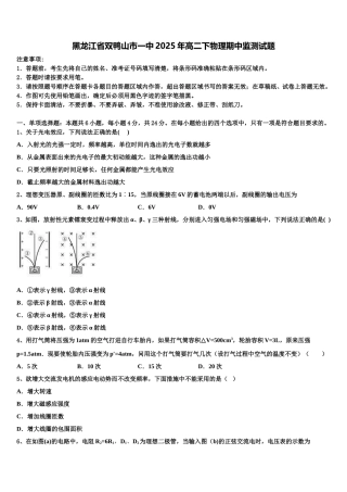 黑龙江省双鸭山市一中2025年高二下物理期中监测试题含解析