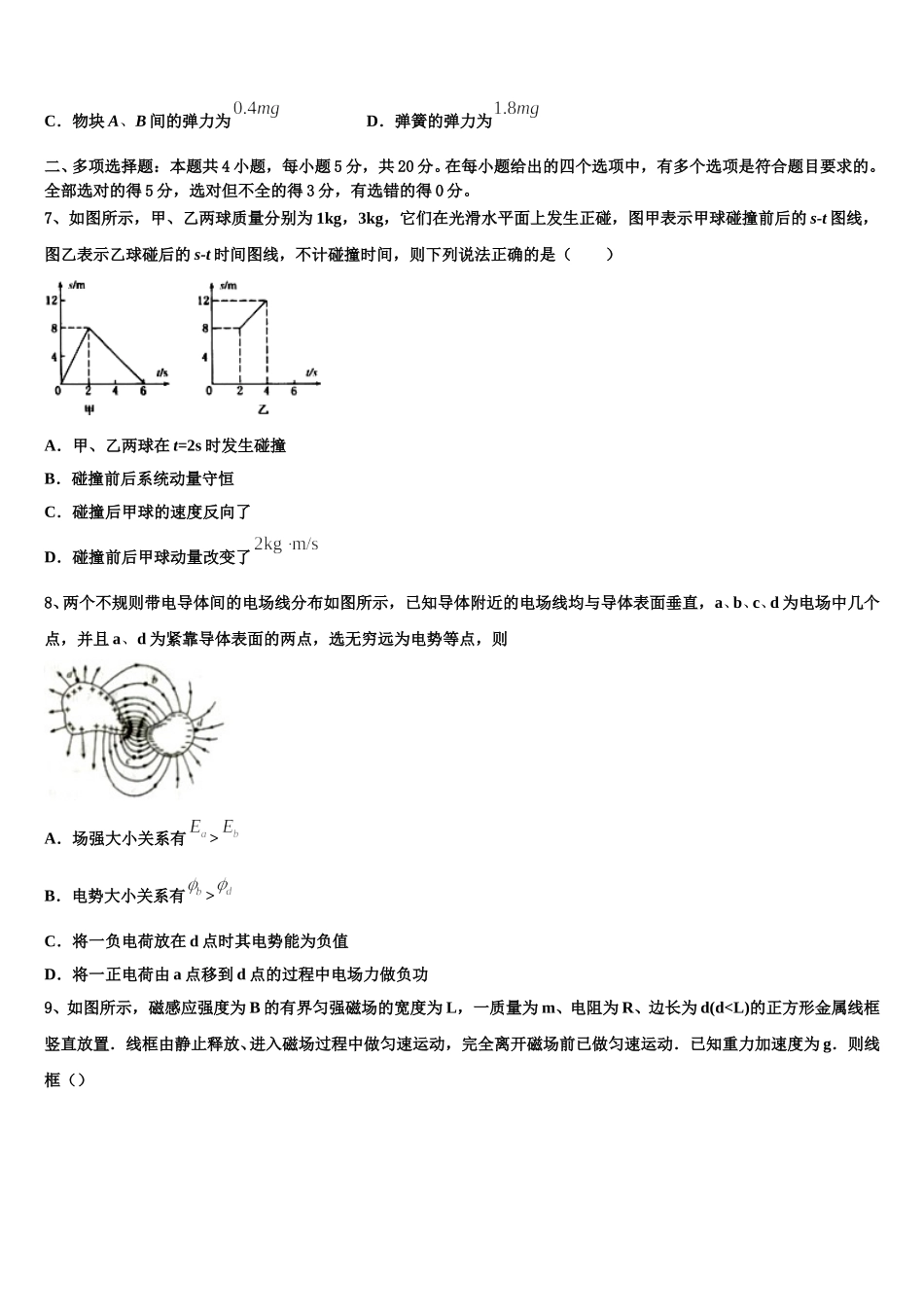 2024-2025学年陕西省西北大学附中高二下物理期中复习检测模拟试题含解析_第3页