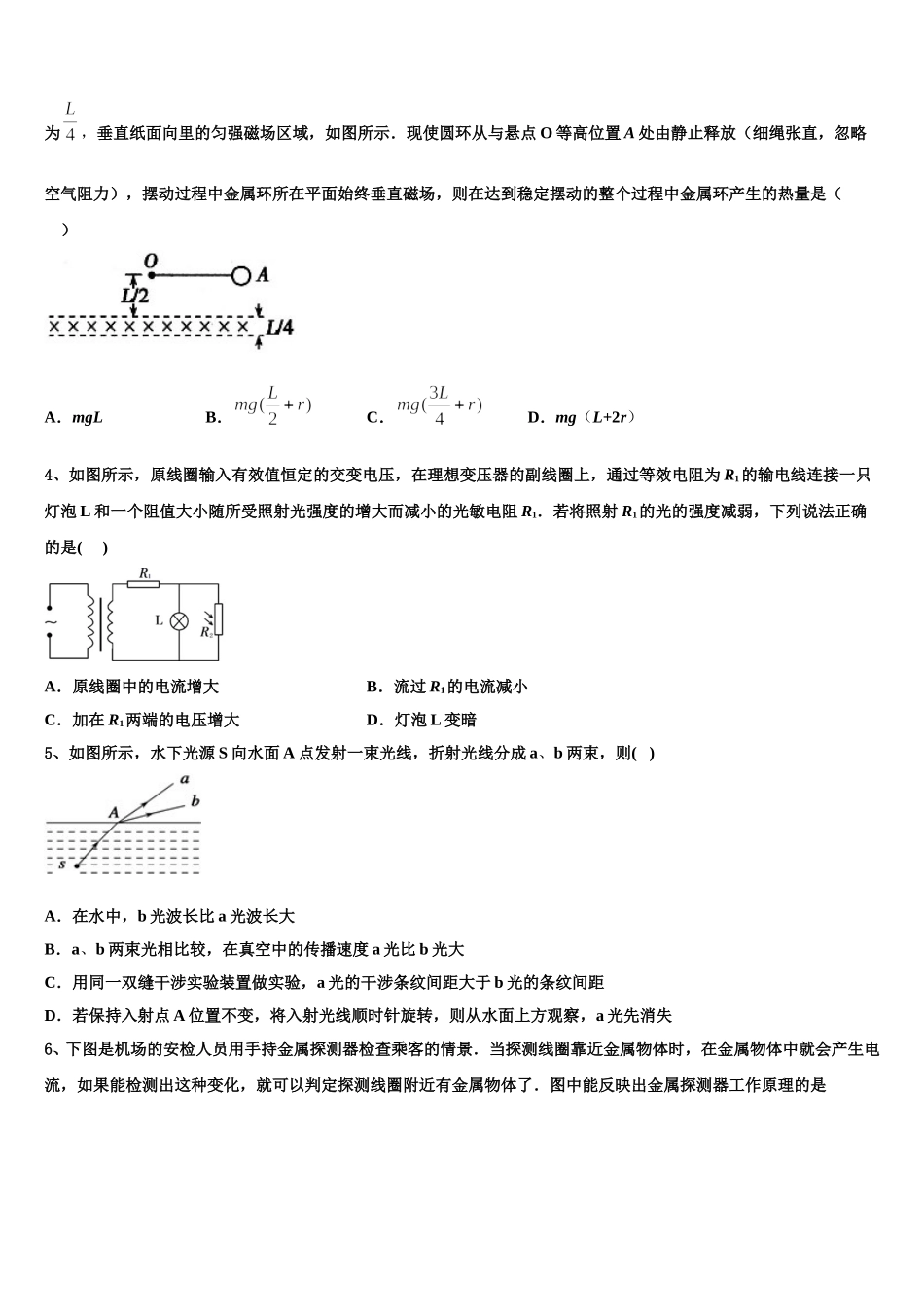 浙江省丽水地区四校 2024-2025学年高二下物理期中经典试题含解析_第2页