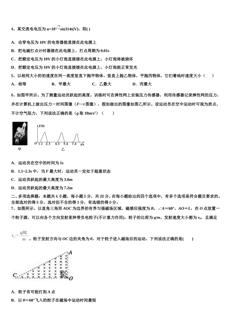 浙江省苍南县金乡卫城中学2024-2025学年高二物理第二学期期中学业水平测试试题含解析_第2页