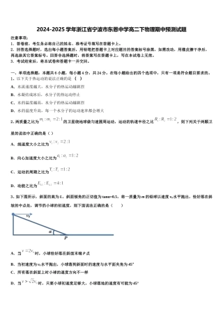 2024-2025学年浙江省宁波市东恩中学高二下物理期中预测试题含解析