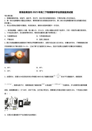 青海省果洛市2025年高二下物理期中学业质量监测试题含解析