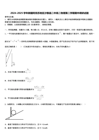 2024-2025学年新疆阿克苏地区沙雅县二中高二物理第二学期期中调研试题含解析