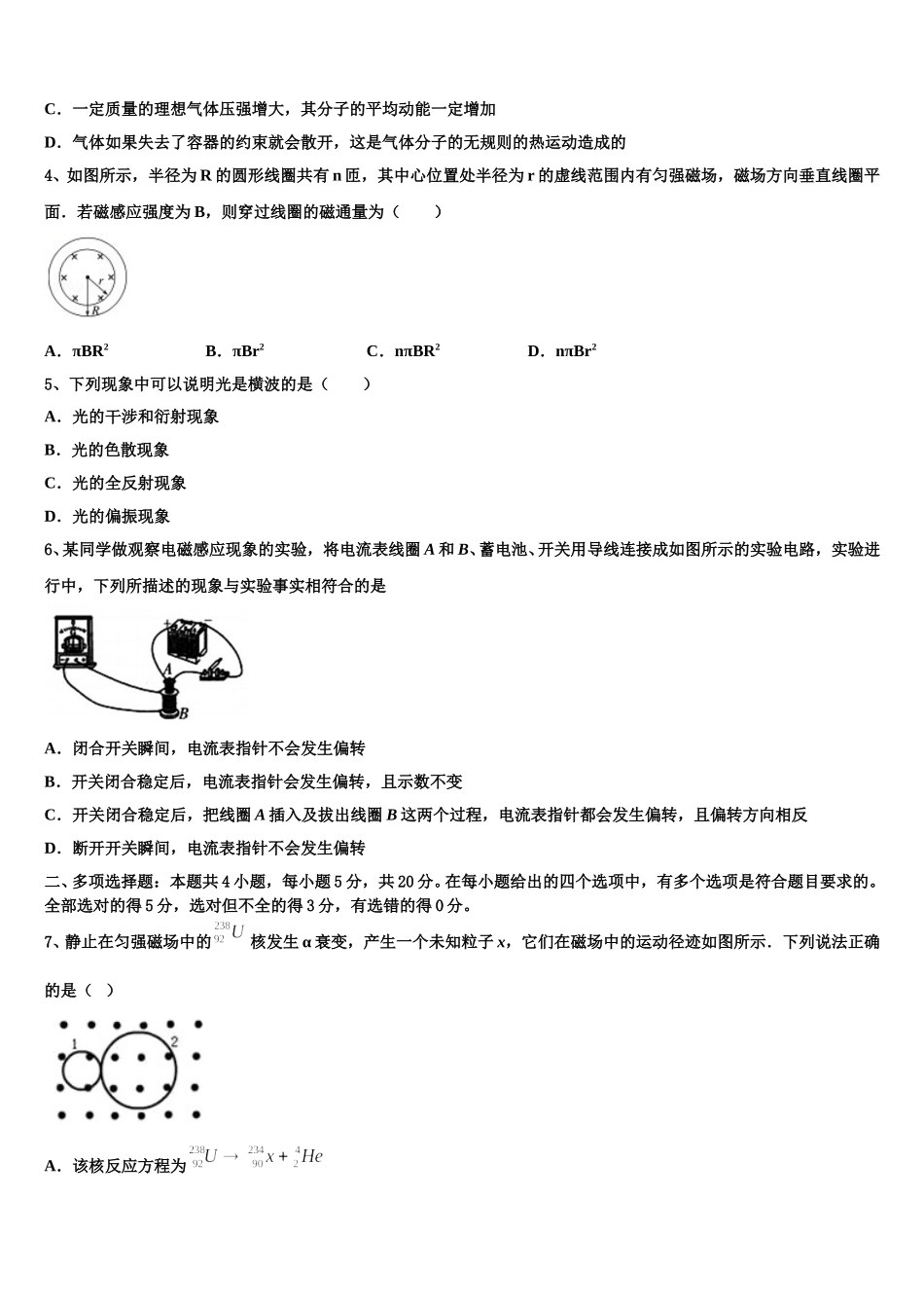 2024-2025学年新疆塔城地区沙湾一中物理高二下期中学业水平测试模拟试题含解析_第2页
