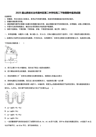 2025届山西省长治市潞州区第二中学校高二下物理期中监测试题含解析