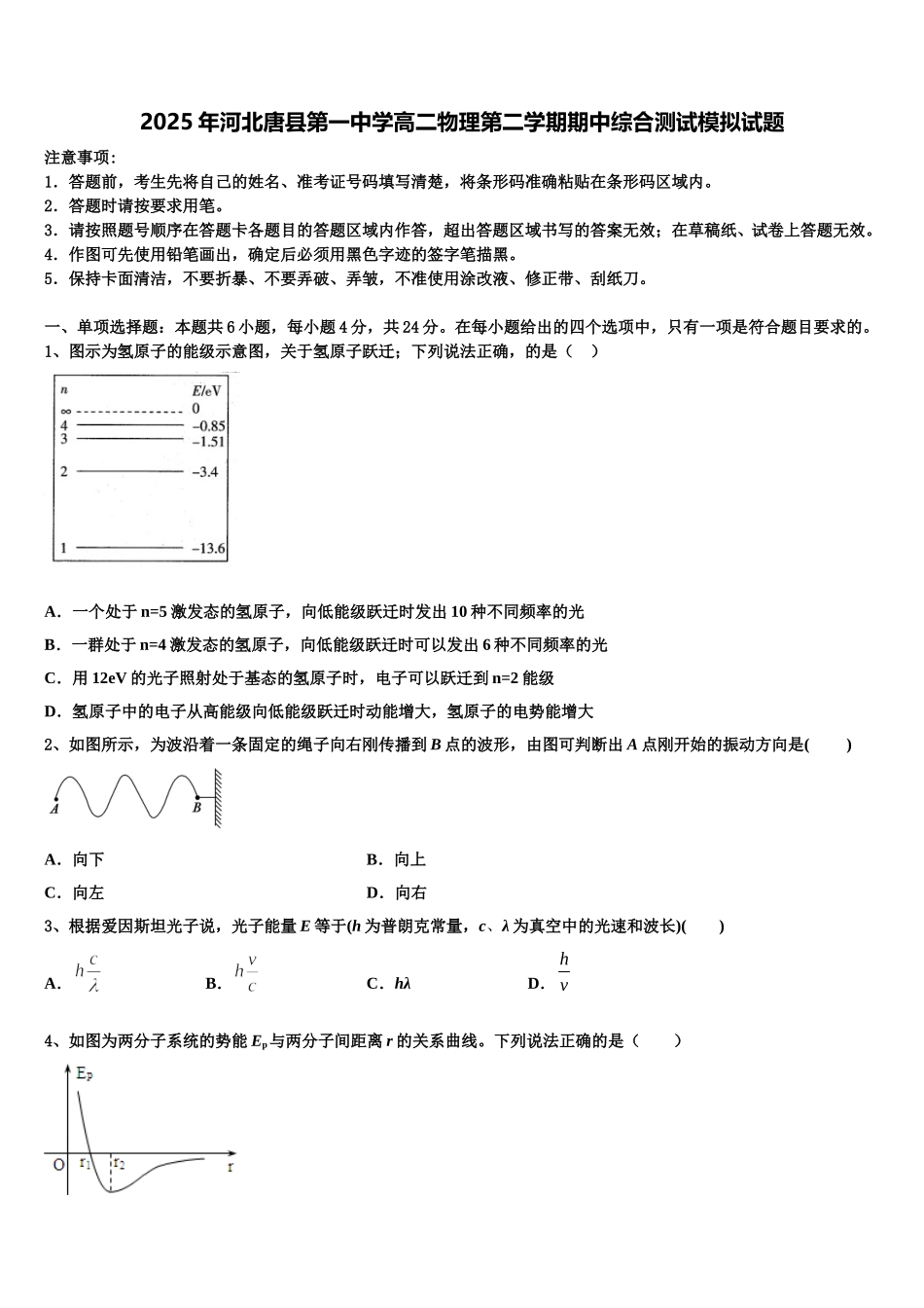 2025年河北唐县第一中学高二物理第二学期期中综合测试模拟试题含解析_第1页