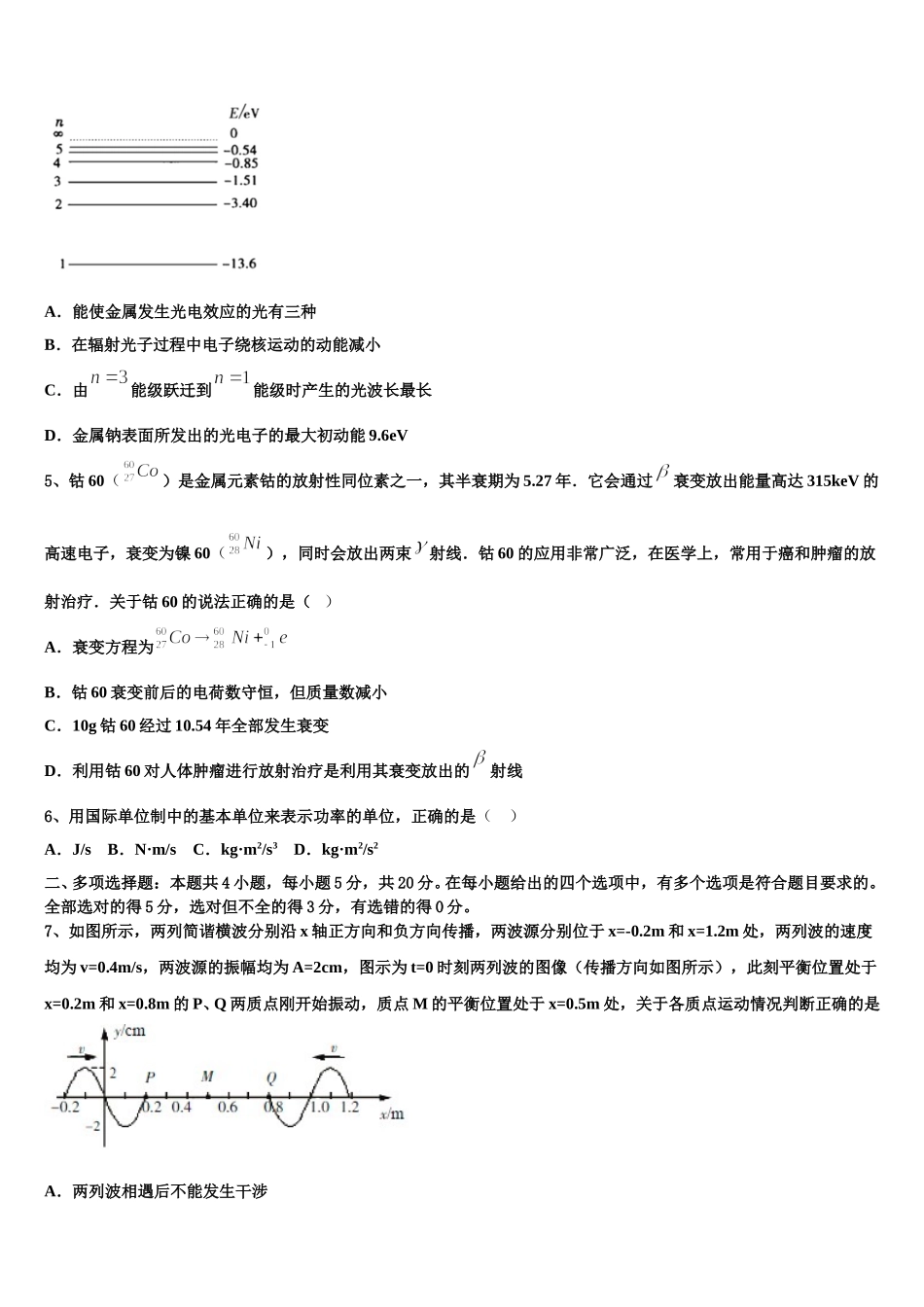 河南省周口市郸城县第一高级中学2024-2025学年物理高二第二学期期中综合测试试题含解析_第2页