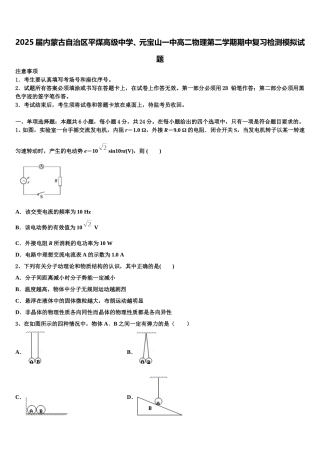 2025届内蒙古自治区平煤高级中学、元宝山一中高二物理第二学期期中复习检测模拟试题含解析