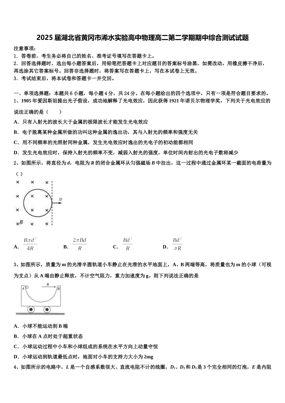 2025届湖北省黄冈市浠水实验高中物理高二第二学期期中综合测试试题含解析_第1页