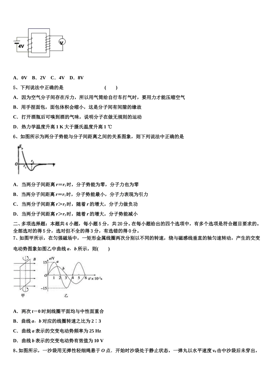 湖北省武汉市新洲一中阳逻校区2025届物理高二第二学期期中达标测试试题含解析_第2页