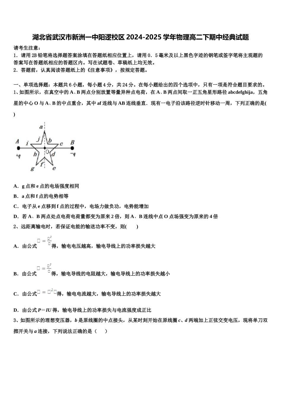 湖北省武汉市新洲一中阳逻校区2024-2025学年物理高二下期中经典试题含解析_第1页