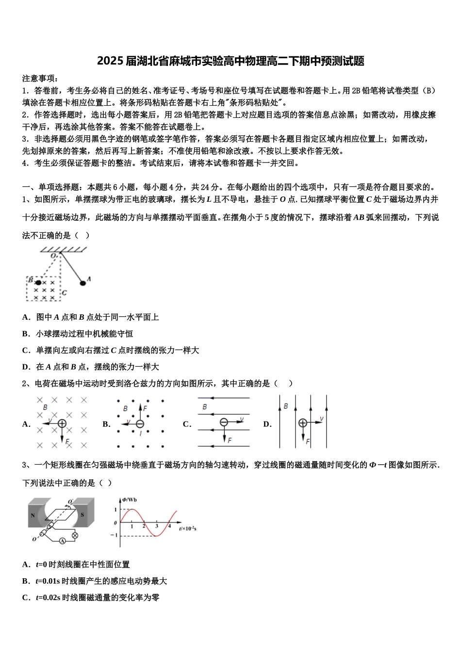 2025届湖北省麻城市实验高中物理高二下期中预测试题含解析_第1页
