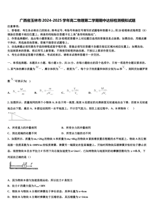 广西省玉林市2024-2025学年高二物理第二学期期中达标检测模拟试题含解析