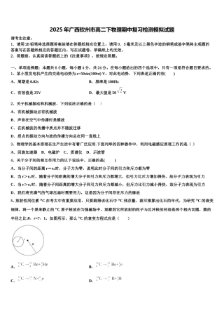 2025年广西钦州市高二下物理期中复习检测模拟试题含解析
