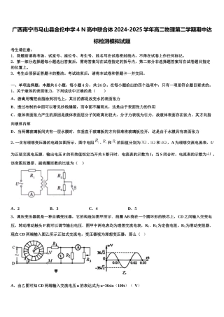 广西南宁市马山县金伦中学4 N高中联合体2024-2025学年高二物理第二学期期中达标检测模拟试题含解析