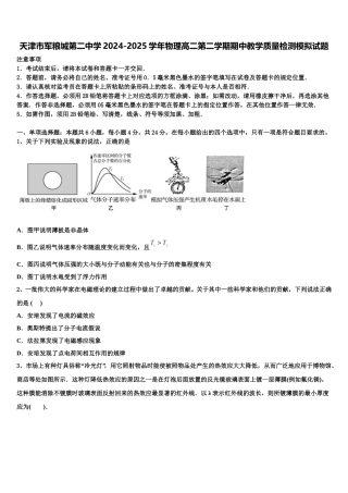 天津市军粮城第二中学2024-2025学年物理高二第二学期期中教学质量检测模拟试题含解析