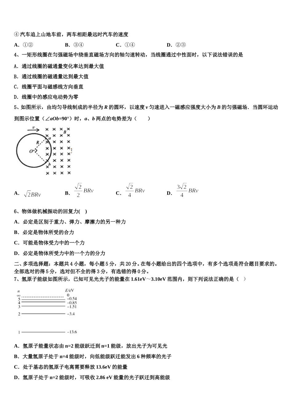 2024-2025学年中学生标准学术能力诊断性测试物理高二下期中复习检测模拟试题含解析_第2页
