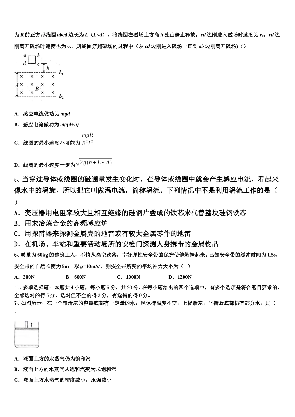 2024-2025学年广渠门中学物理高二第二学期期中复习检测试题含解析_第2页