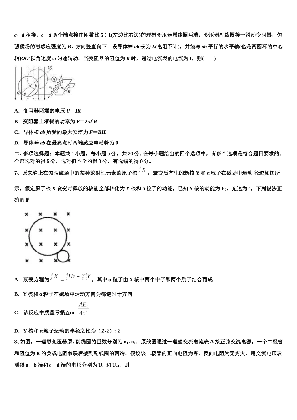 2024-2025学年福建省泉州十六中高二物理第二学期期中复习检测模拟试题含解析_第2页