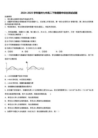 2024-2025学年福州七中高二下物理期中综合测试试题含解析