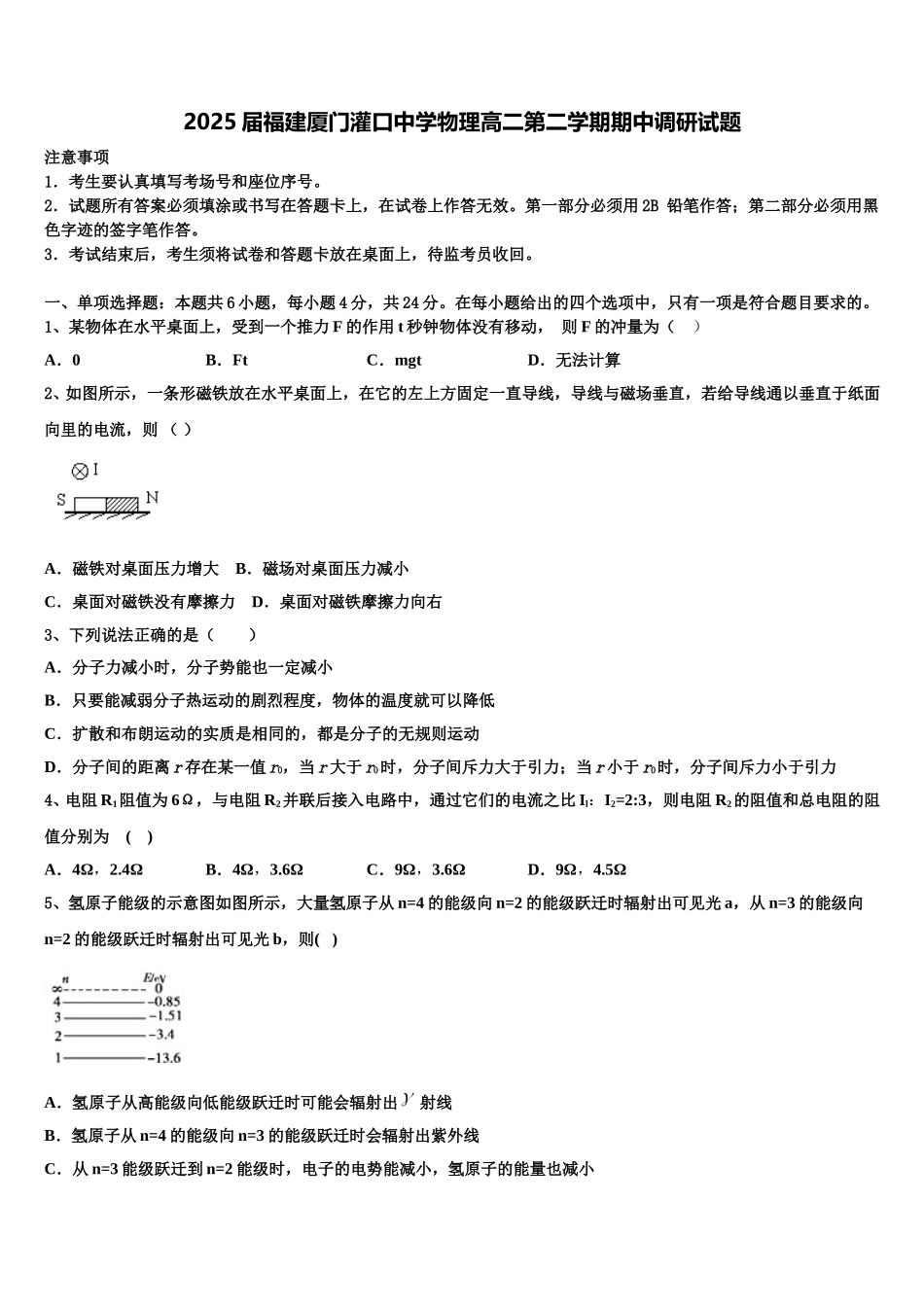 2025届福建厦门灌口中学物理高二第二学期期中调研试题含解析_第1页