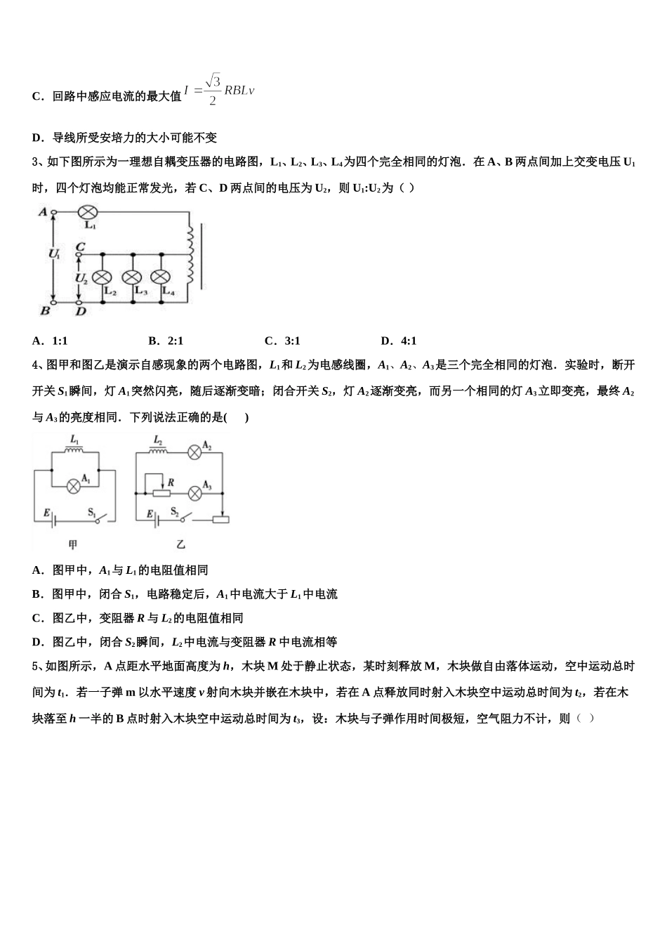 2025届吉林省通化市梅河口市博文学校物理高二第二学期期中复习检测试题含解析_第2页