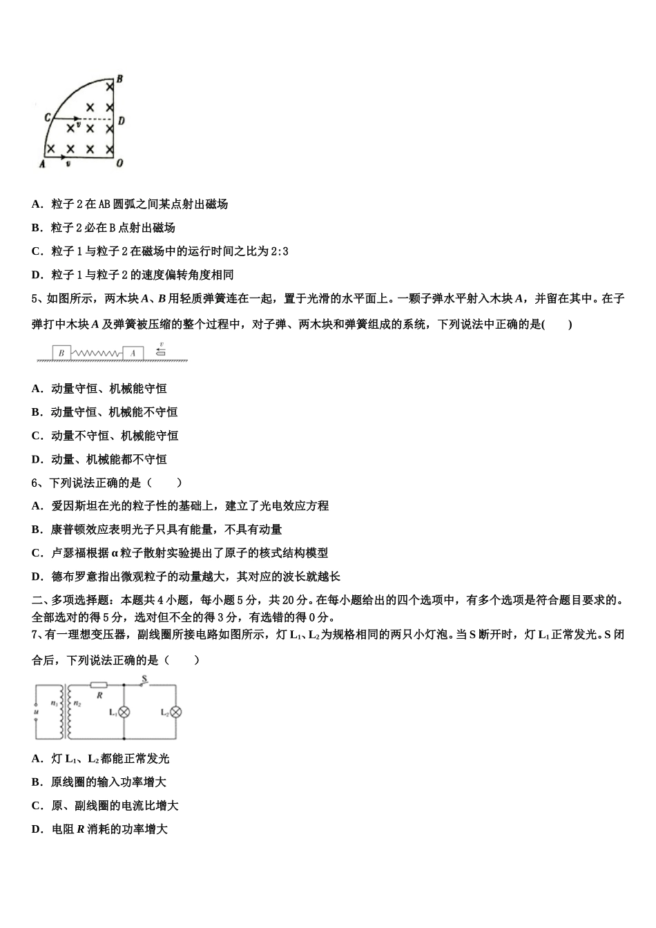 2025届吉林省四平市公主岭市范家屯镇第一中学高二下物理期中质量检测试题含解析_第2页