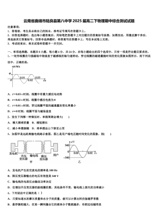 云南省曲靖市陆良县第八中学2025届高二下物理期中综合测试试题含解析