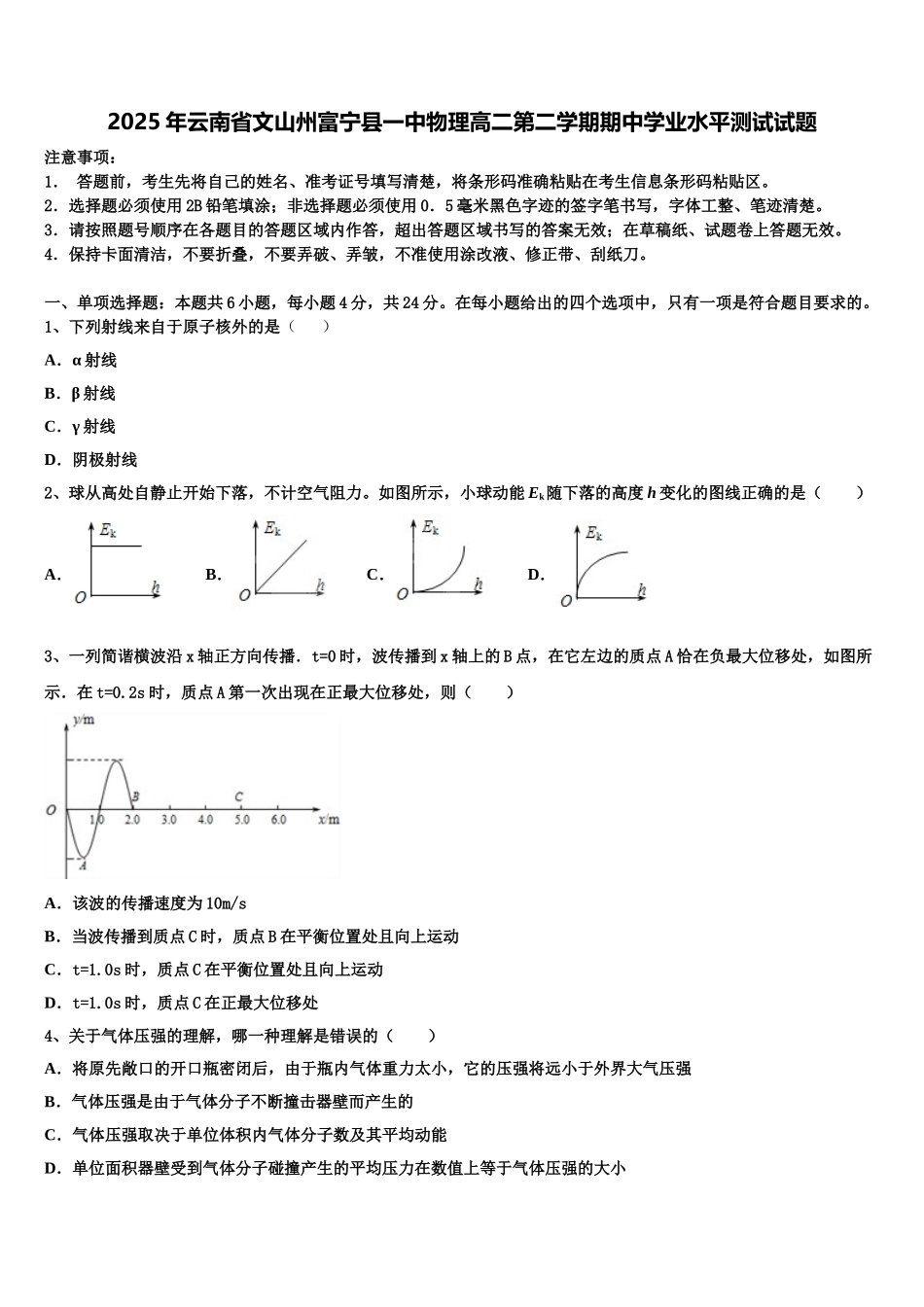 2025年云南省文山州富宁县一中物理高二第二学期期中学业水平测试试题含解析_第1页