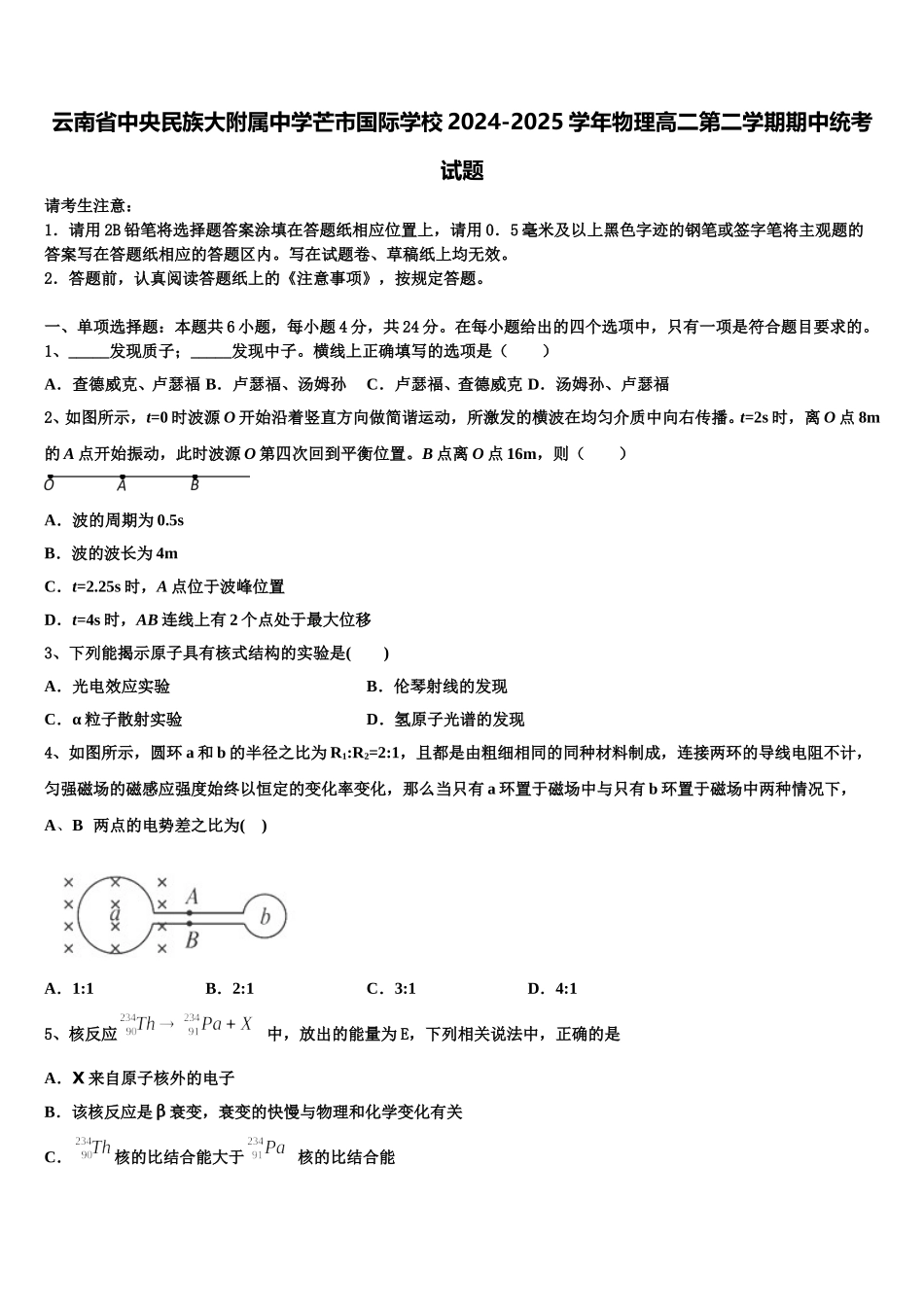 云南省中央民族大附属中学芒市国际学校2024-2025学年物理高二第二学期期中统考试题含解析_第1页