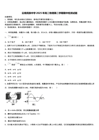 云南民族中学2025年高二物理第二学期期中检测试题含解析