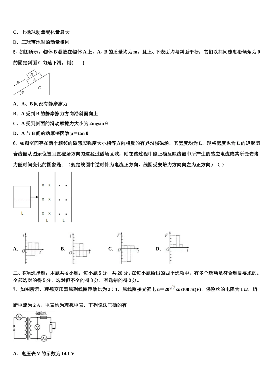 2025届山东省菏泽市第一中学八一路校区物理高二下期中学业水平测试试题含解析_第2页
