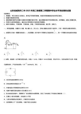 山东省威海市二中2025年高二物理第二学期期中学业水平测试模拟试题含解析