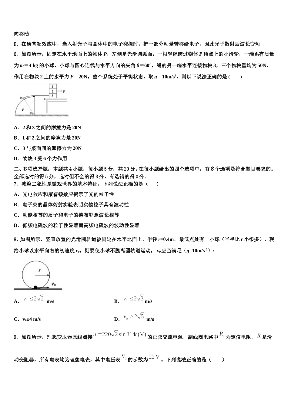2025届山东省潍坊市昌乐、临朐等四县物理高二第二学期期中学业质量监测试题含解析_第2页