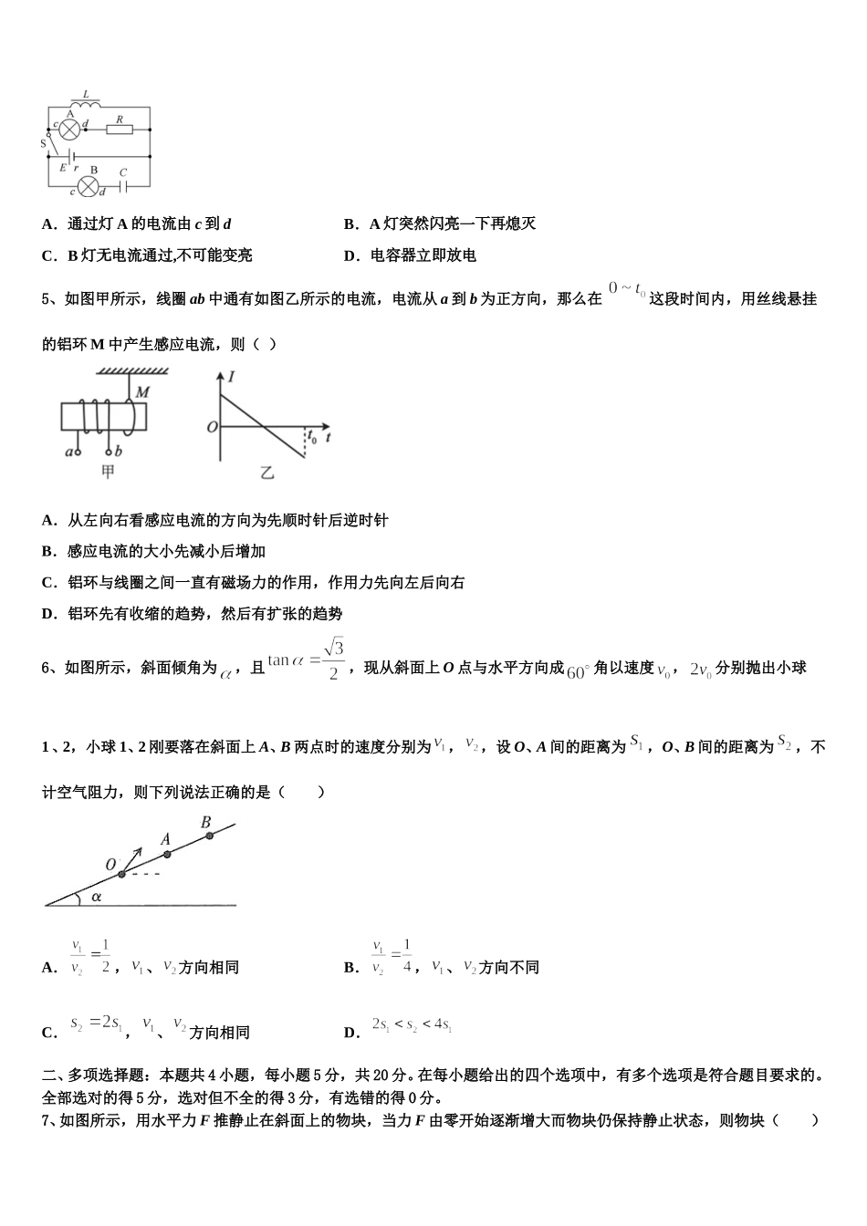 2024-2025学年山东省济南市平阴县第一中学物理高二第二学期期中教学质量检测试题含解析_第2页
