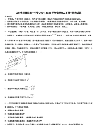 山东省巨野县第一中学2024-2025学年物理高二下期中经典试题含解析