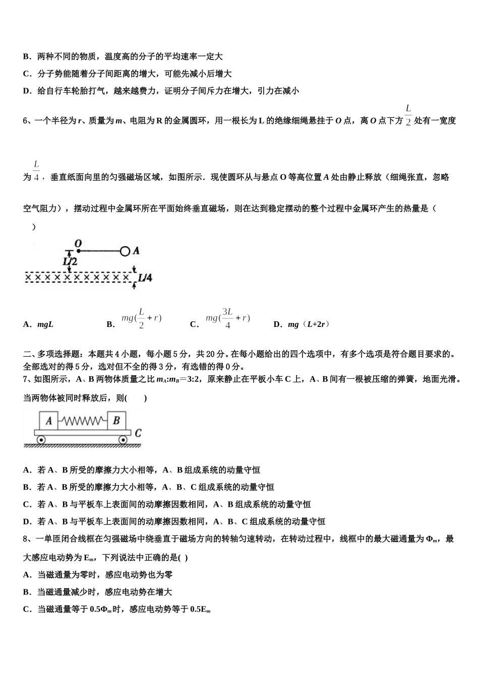 2024-2025学年山东省潍坊市物理高二第二学期期中综合测试试题含解析_第2页
