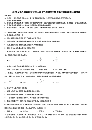 2024-2025学年山东省临沂第十九中学高二物理第二学期期中经典试题含解析