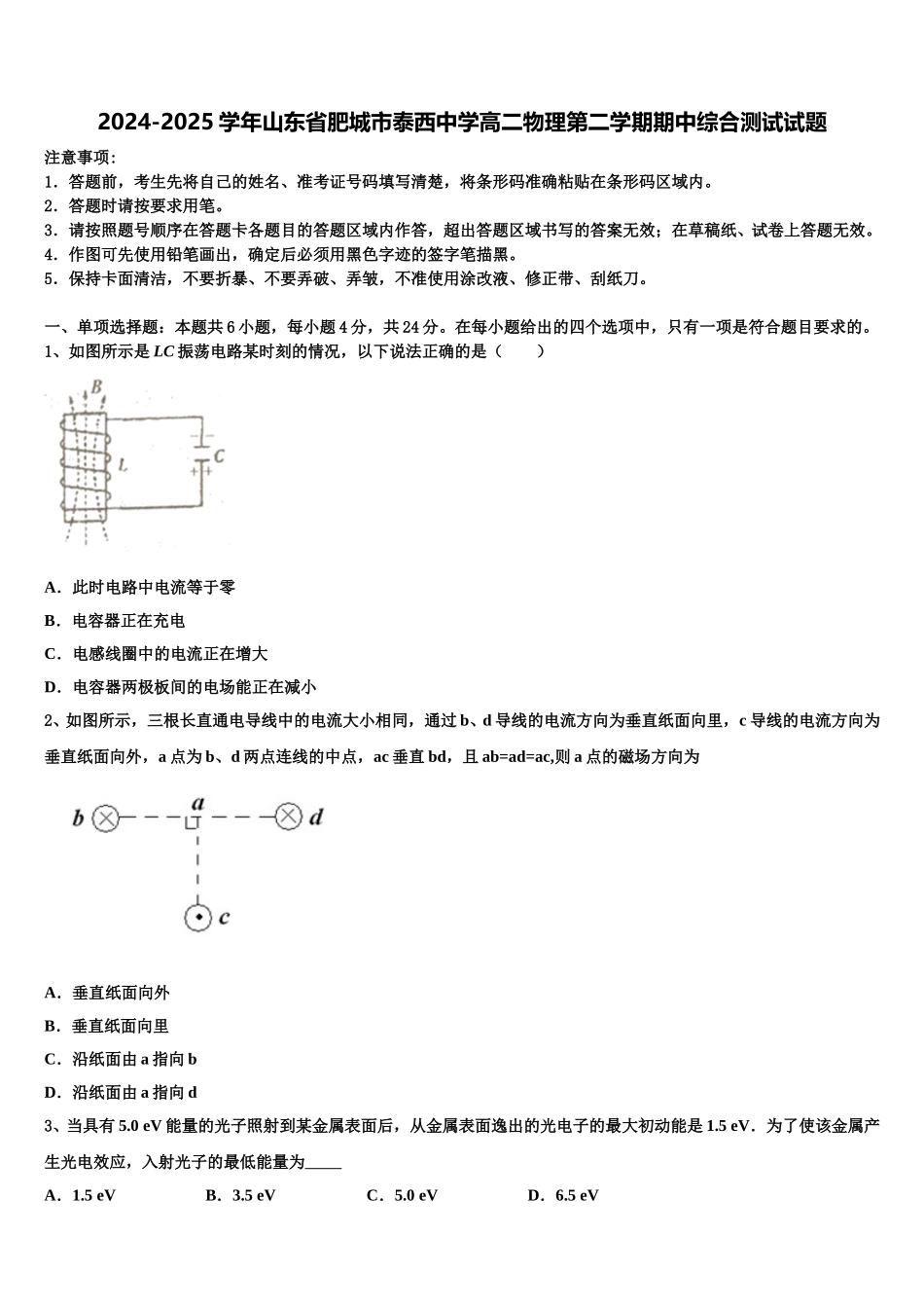 2024-2025学年山东省肥城市泰西中学高二物理第二学期期中综合测试试题含解析_第1页