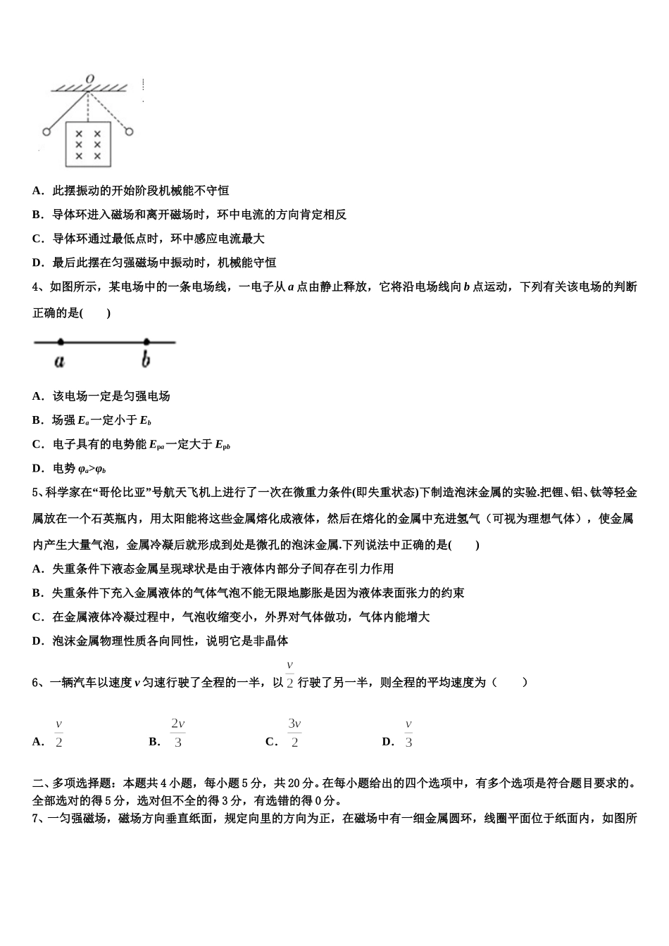 2024-2025学年山东省东营市实验中学物理高二下期中质量检测试题含解析_第2页