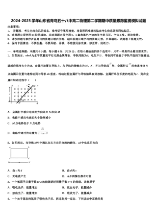2024-2025学年山东省青岛五十八中高二物理第二学期期中质量跟踪监视模拟试题含解析