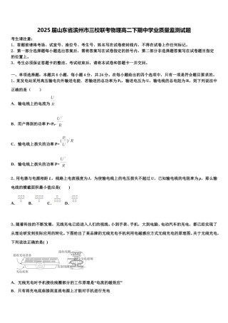 2025届山东省滨州市三校联考物理高二下期中学业质量监测试题含解析