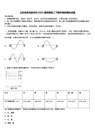山东省青岛胶州市2025届物理高二下期中调研模拟试题含解析