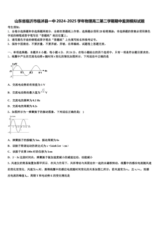山东省临沂市临沭县一中2024-2025学年物理高二第二学期期中监测模拟试题含解析